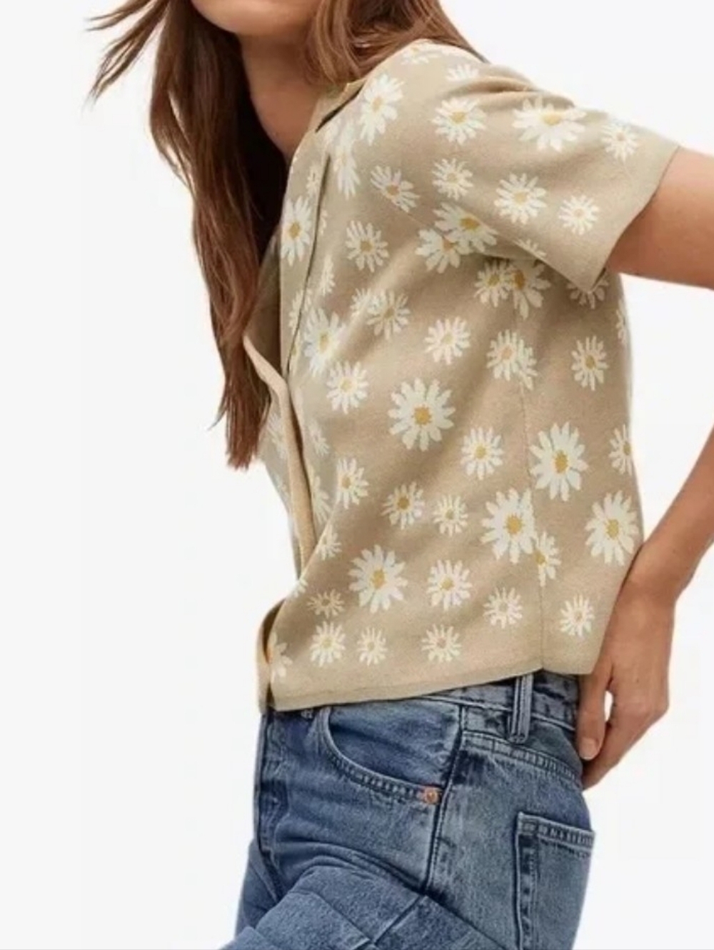 Mango Daisy Patterned Collared Button-Front Knit Polo Shirt In Sand - M